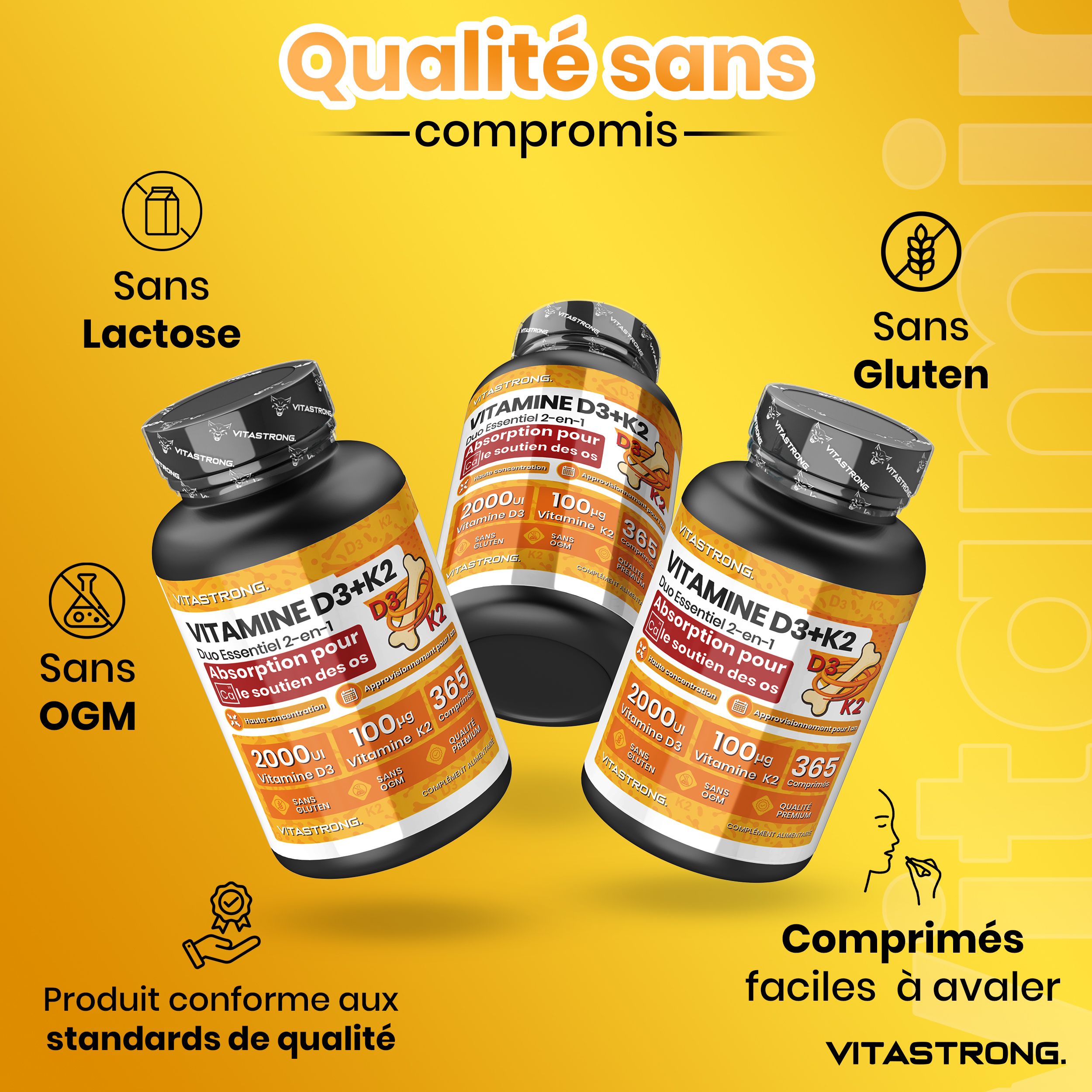 Gele achtergrond met fles Vitastrong Vitamine D3 + K2. Tekst: 2000 IE D3, 100 µg K2. Zonder lactose, gluten, GMO.