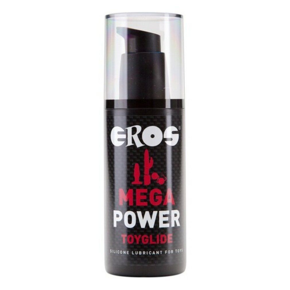 Flacon noir avec pompe et bouchon transparent. Inscription: EROS MEGA POWER TOYGLIDE. Lubrifiant silicone pour jouets.