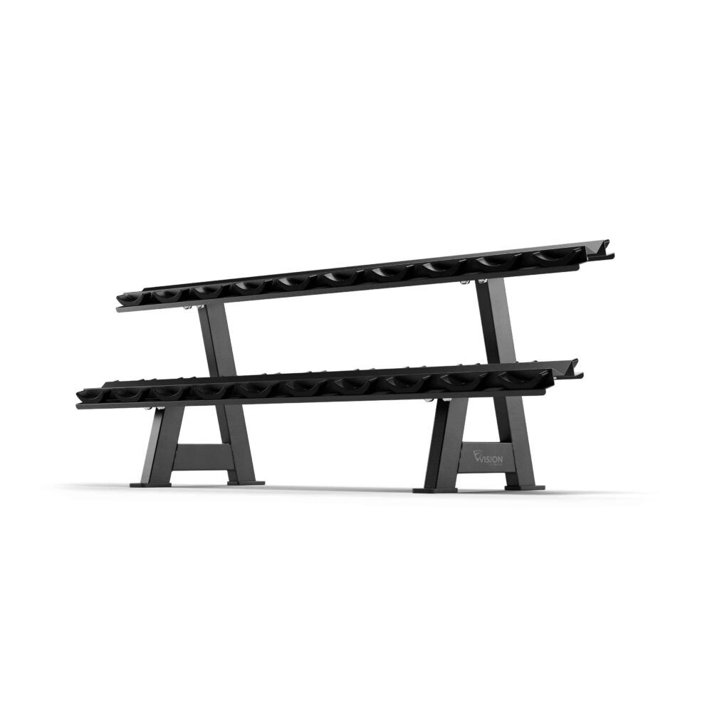 Support haltères noir à deux niveaux. Vue oblique. Structure métallique avec supports pour haltères.