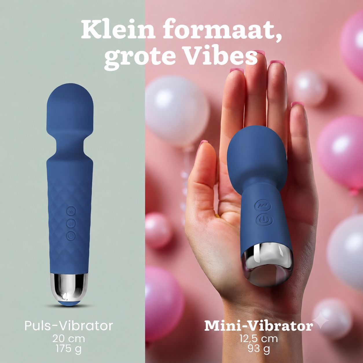 Blauwe Puls-vibrator, 20 cm lang, 175 g. Gekorrelde griptextuur, drie bedieningselementen, zilveren punt.