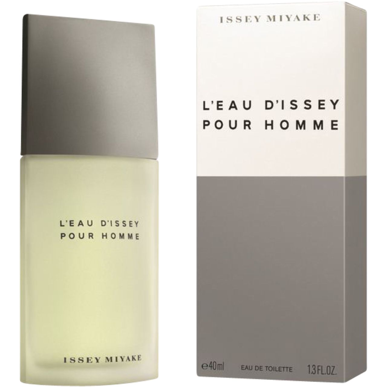 Fles en verpakking. Rechthoekige fles met grijze dop. Wit-grijze verpakking. Opschrift: L'EAU D'ISSEY POUR HOMME en ISSEY MIYAKE.