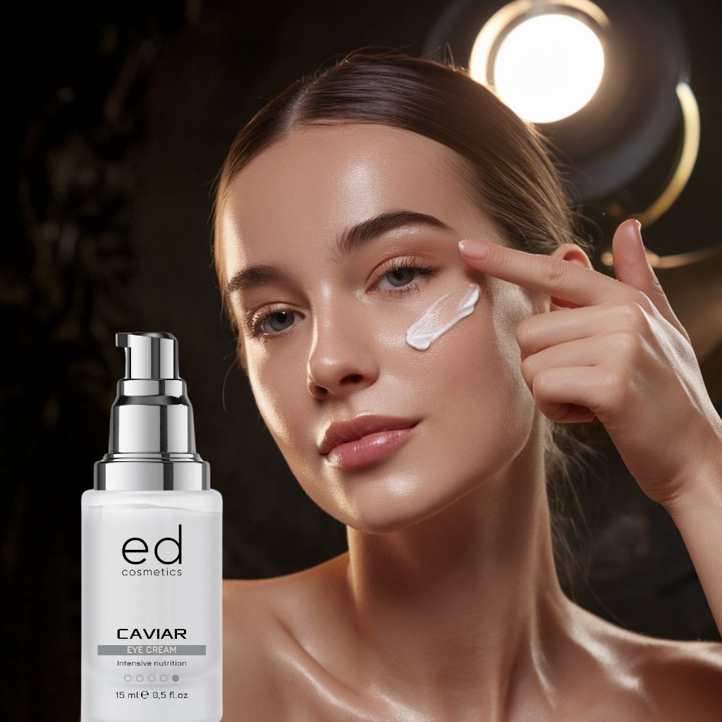 Femme appliquant de la crème pour les yeux. Flacon avec pompe argentée. Texte: ED cosmetics, Caviar Eye Cream, 15 ml.