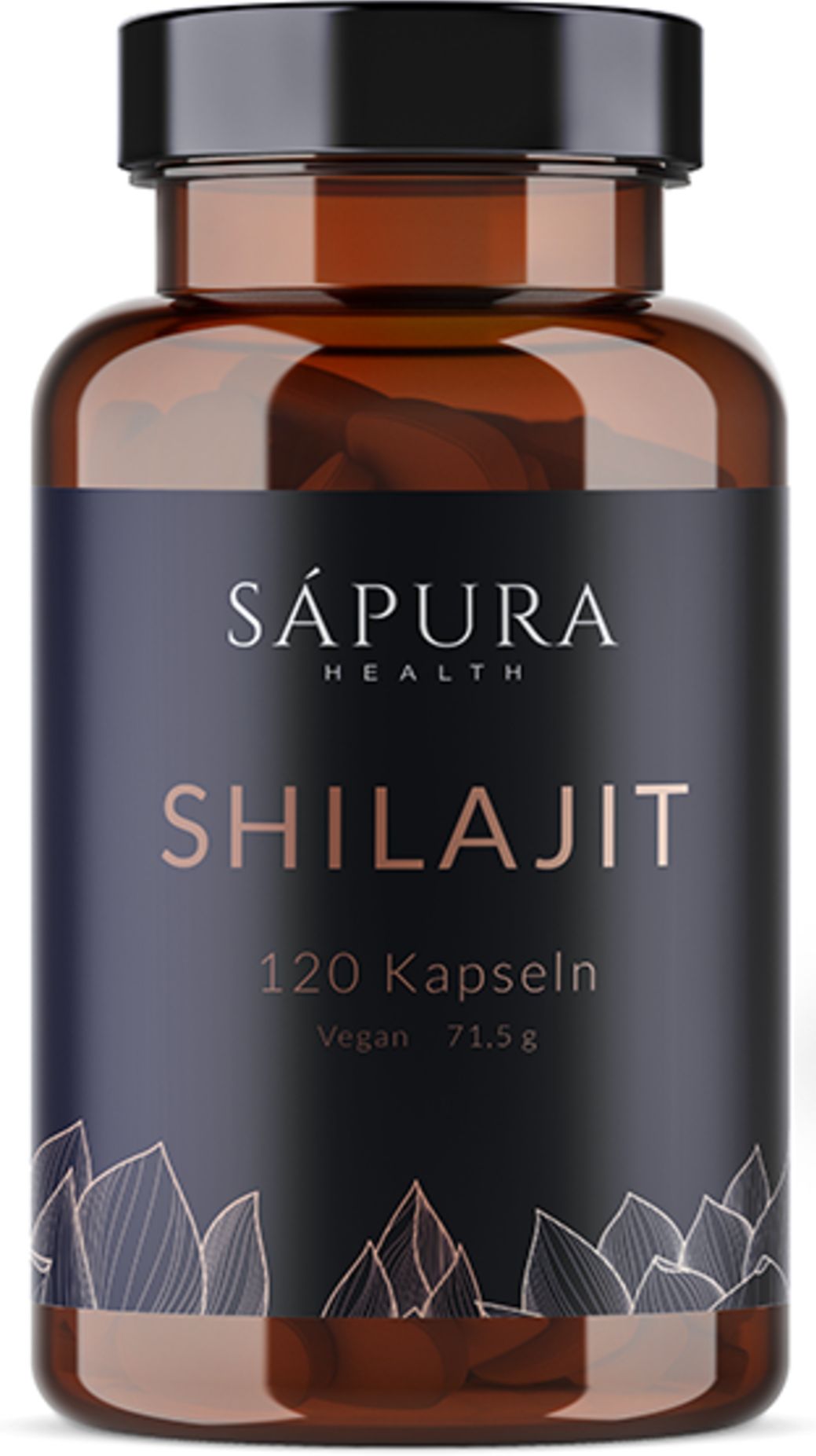 Bruine capsulefles. Opschrift: SAPURA HEALTH, SHILAJIT, 120 capsules, Vegan. Productlabel met bloemmotief.