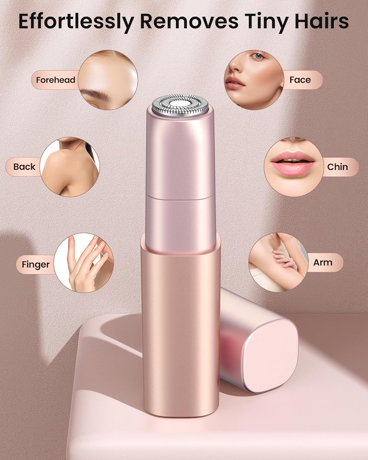 Épilateur facial rose. Texte : Élimine sans effort les petits poils. Illustrations de parties du visage : front, visage, menton, bras.
