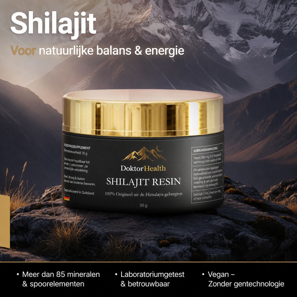 Zwart potje met goudkleurige deksel, gevuld met Shilajit hars, tegen een berglandschap.