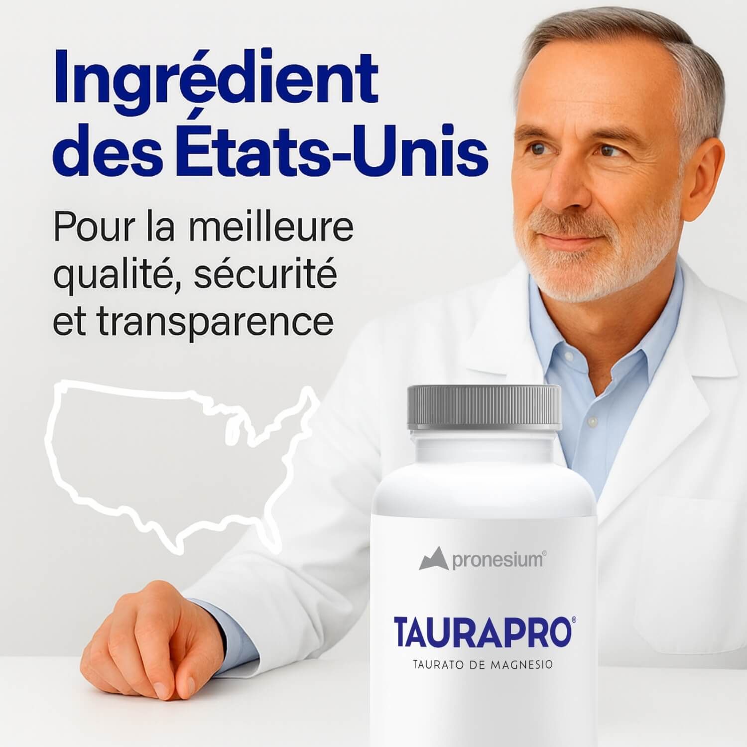 Homme en blouse blanche avec flacon TAURAPRO. Texte : Matière première des États-Unis. Pour une qualité maximale.