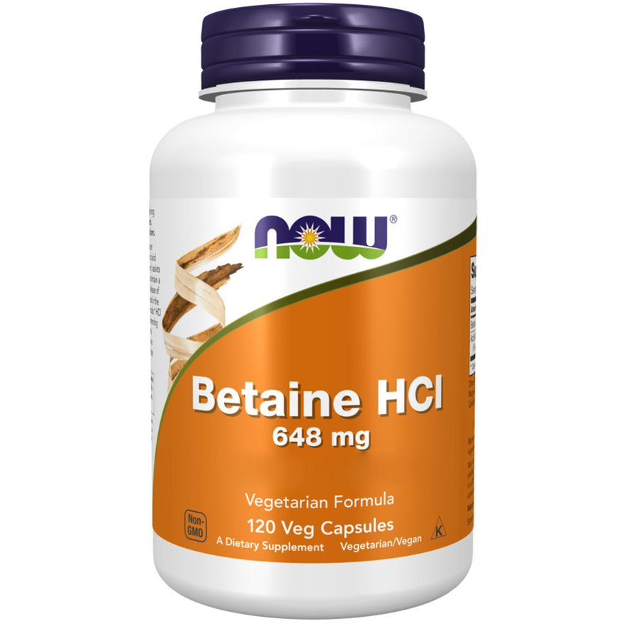 Flacon blanc avec bouchon bleu. Inscription: Betaine HCl 648 mg. Logo: NOW. Étiquette orange avec texte.
