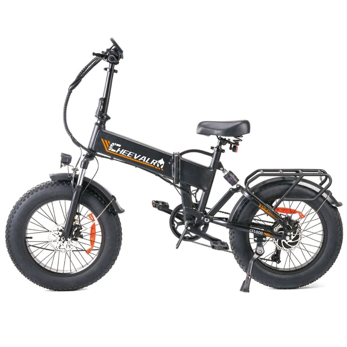 Vélo électrique noir avec pneus larges, porte-bagages et inscription CHEEVALRY.