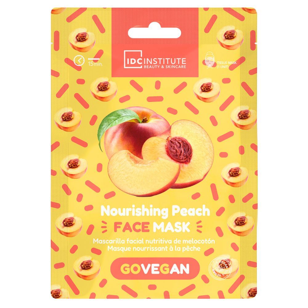 Gezichtsmasker met perzik. Gele verpakking met perzikillustraties en productnaam. Merk: IDC Institute.