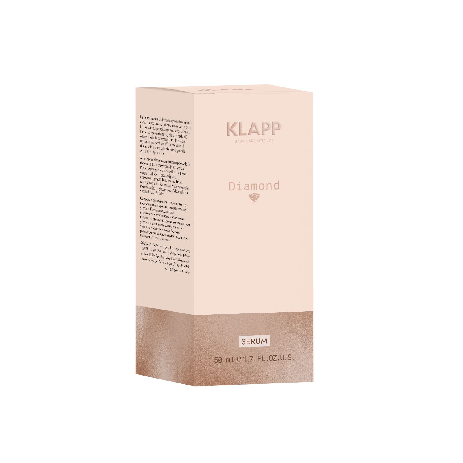 Beige kartonnen verpakking. Opschrift: Klapp, Diamond, Serum. Onderkant bruin. Tekst op de zijkant.