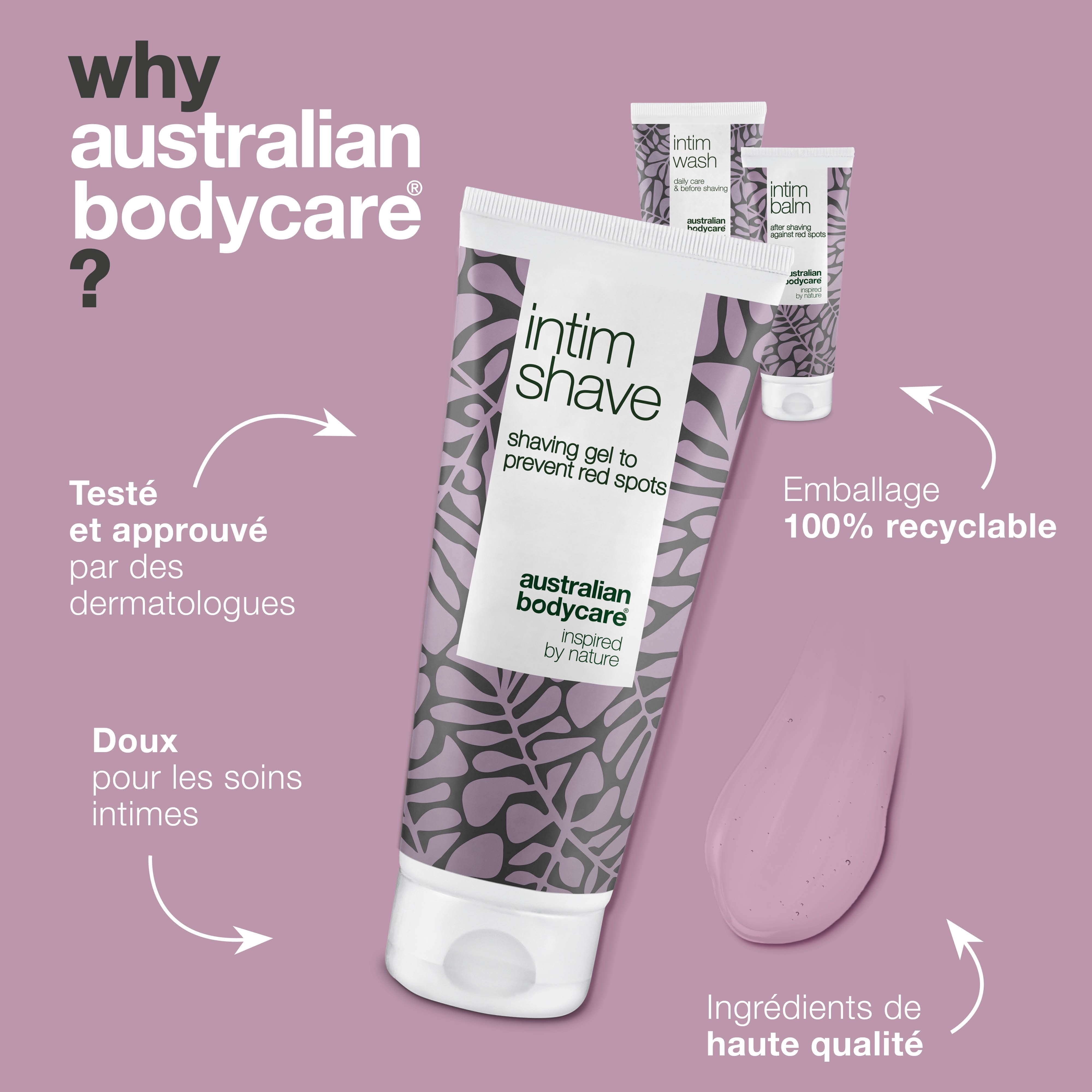 Tube Australian Bodycare Intim Shave, gel rose à côté. Texte et logos.