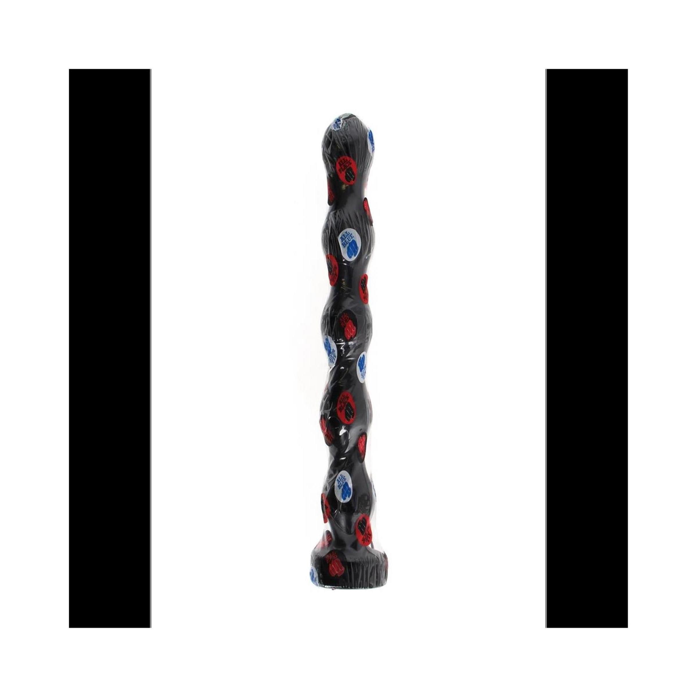 Dildo noir avec des accents rouges et bleus, design ondulé et base large.