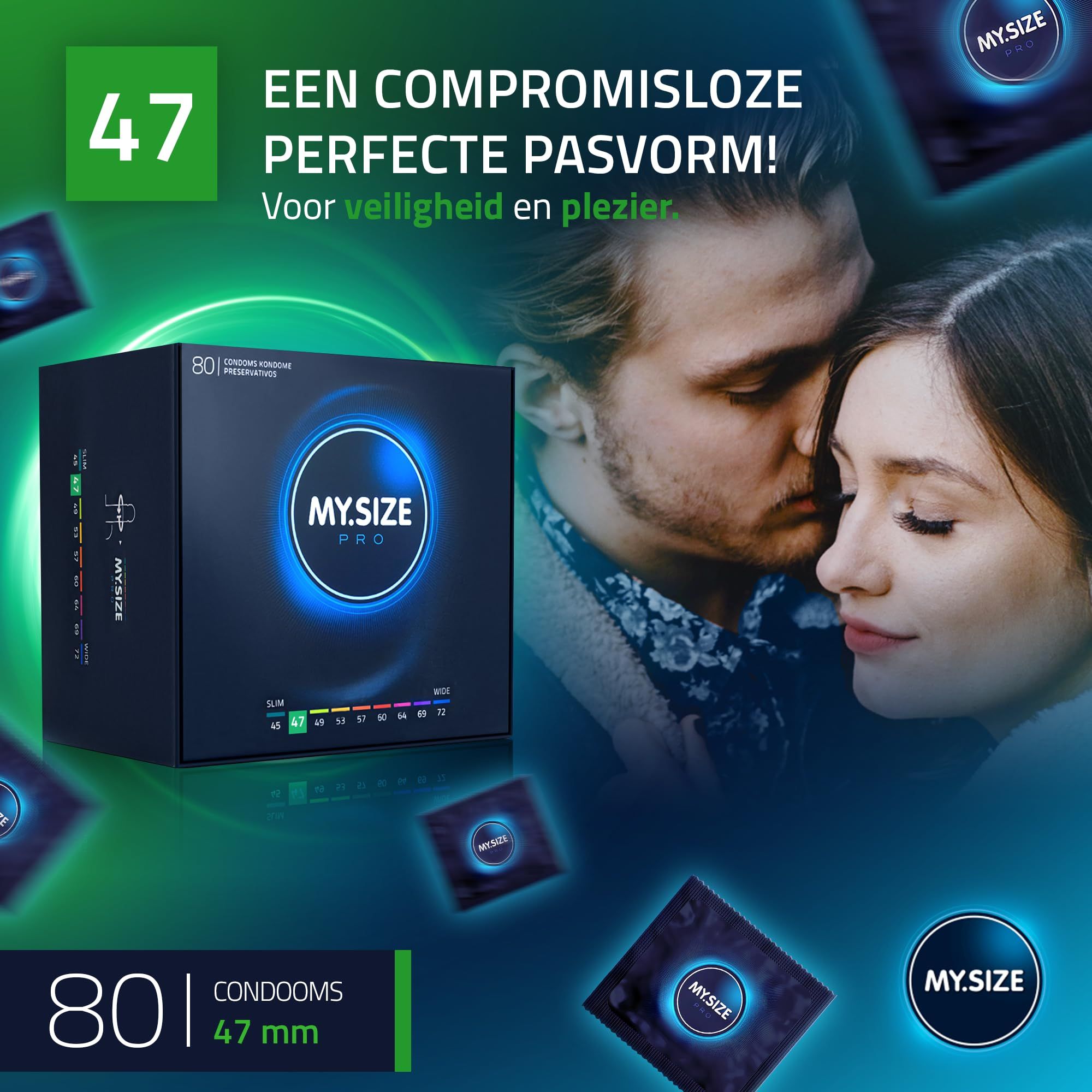 Maatoverzicht MY.SIZE condooms. Maat 47mm voor 9,5-10,0 cm omtrek. App voor maatkeuze.