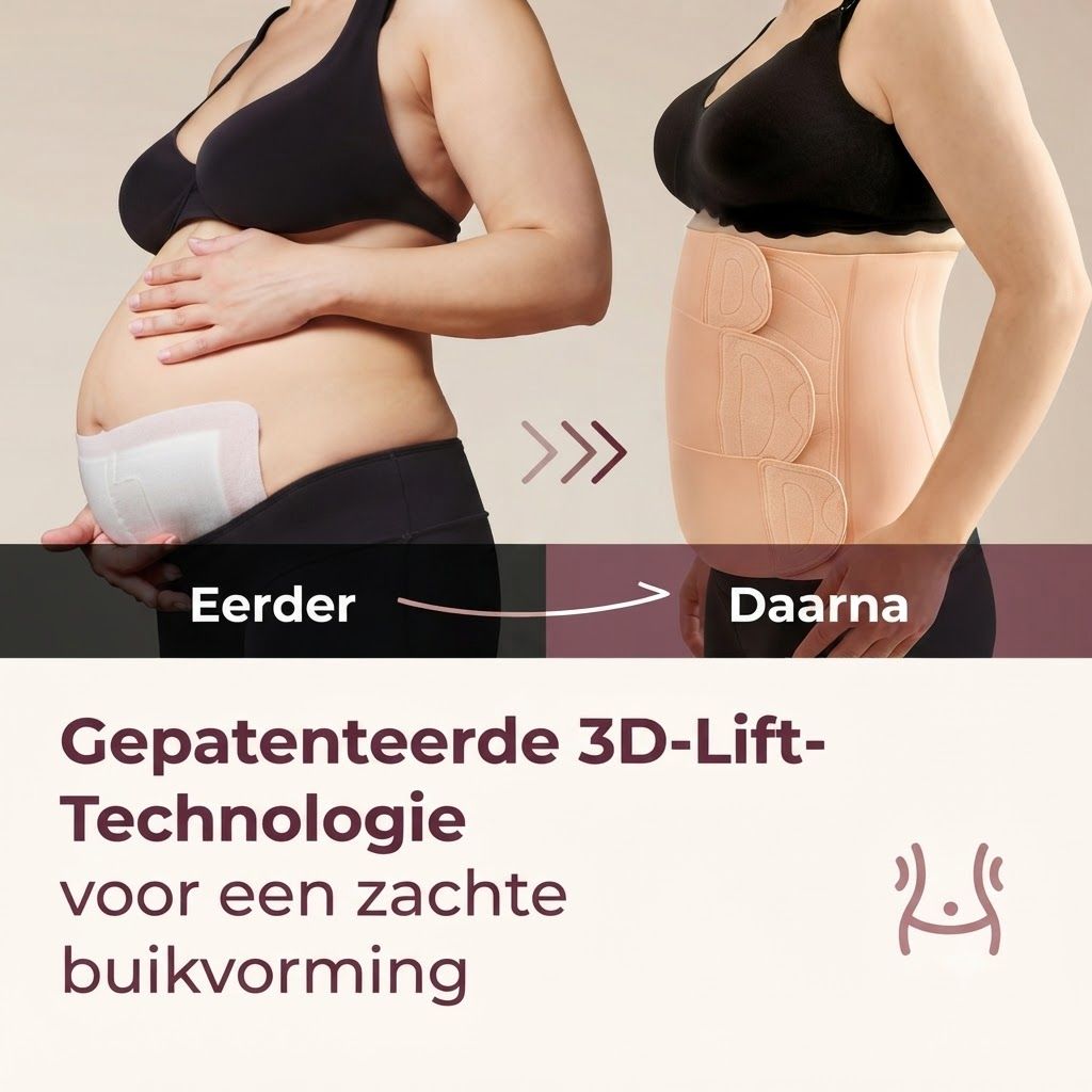 Voor-en-na vergelijking van een vrouw met een buikband voor buikvorming.