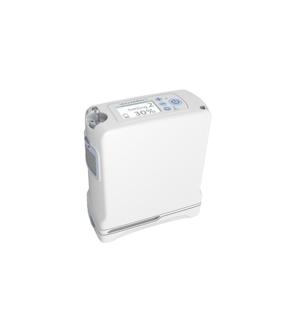 Mobiele zuurstofconcentrator met display waarop 'Setting 2 30%' wordt weergegeven.