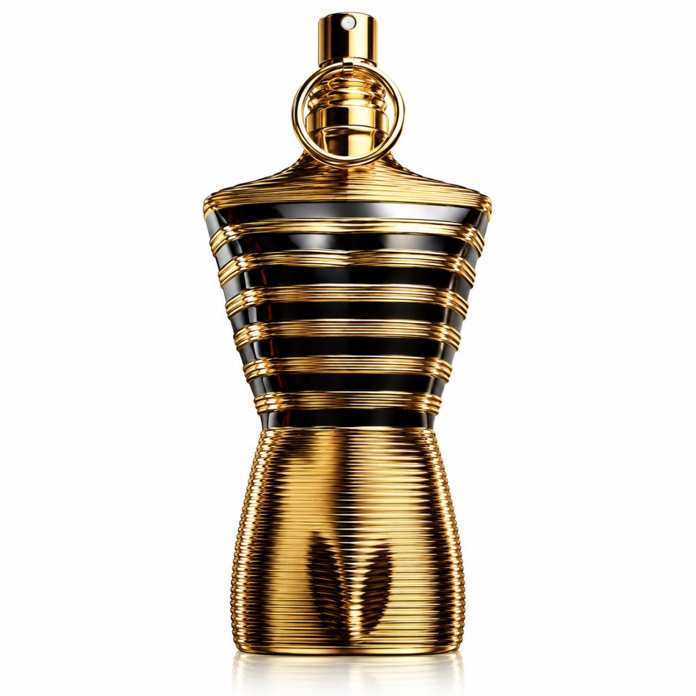 Flacon doré en forme de torse masculin, rayures noires, anneau doré sur le bouchon.
