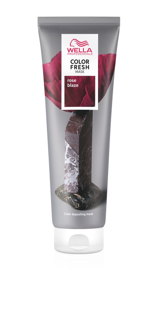 Grijze tube met Wella Color Fresh Mask Rose Blaze. Witte dop. Productnaam en logo op de voorkant.