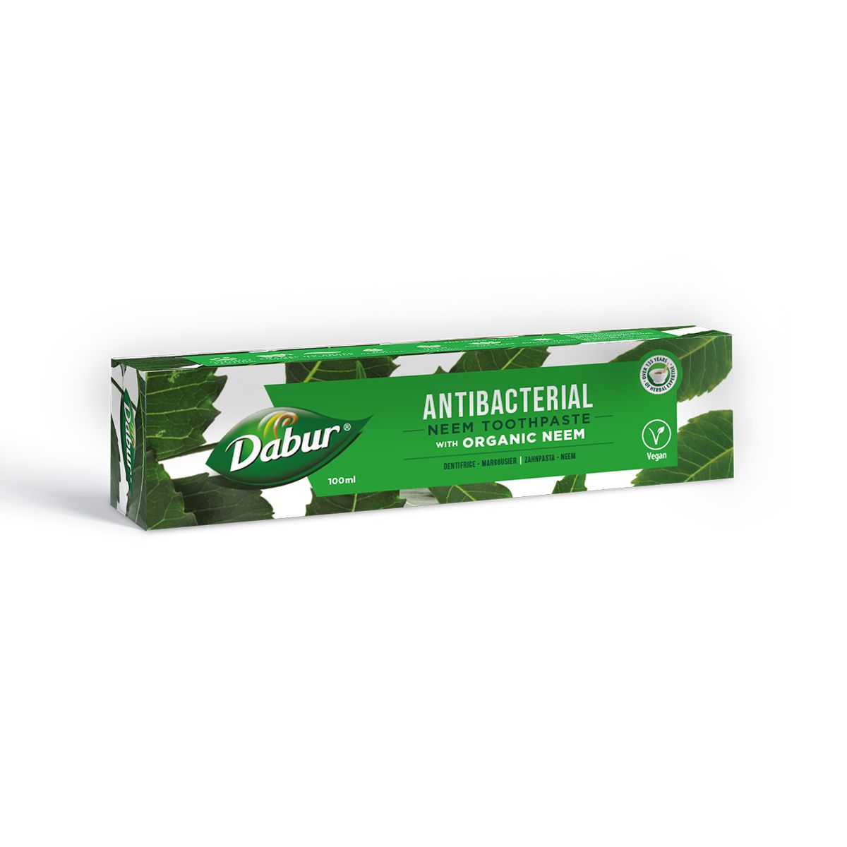 Dabur Biologische Neem Tandpasta, antibacterieel met biologische neem. Groene verpakking met neem bladeren.