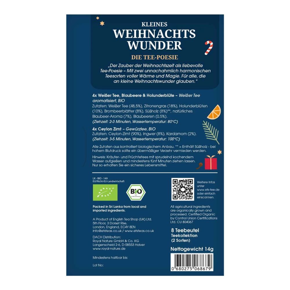 Achterkant van de geschenkverpakking met ingrediëntenlijst en certificeringen. Bevat 8 theezakjes. Opschrift: Kleines Weihnachtswunder, English Tea Shop.