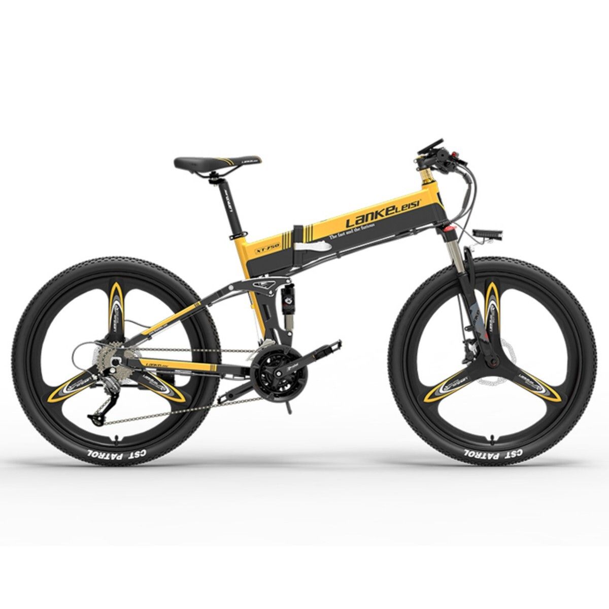 VTT électrique jaune et noir. Gros pneus, jantes à trois rayons. Guidon, selle, pédales. Marque Lankeleisi.