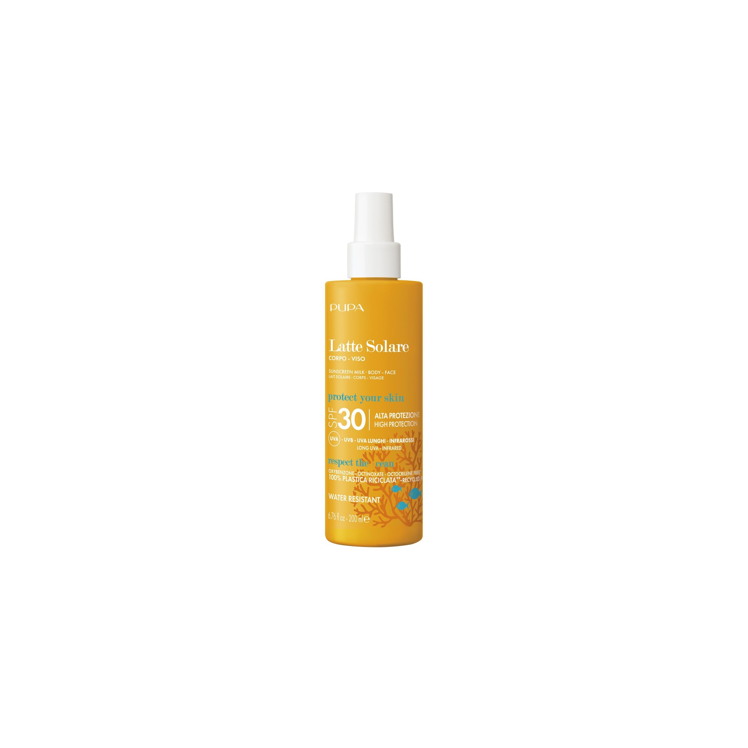 Pupa Zonnebrandmelk voor lichaam en gezicht, SPF 30, in een oranje sprayfles.