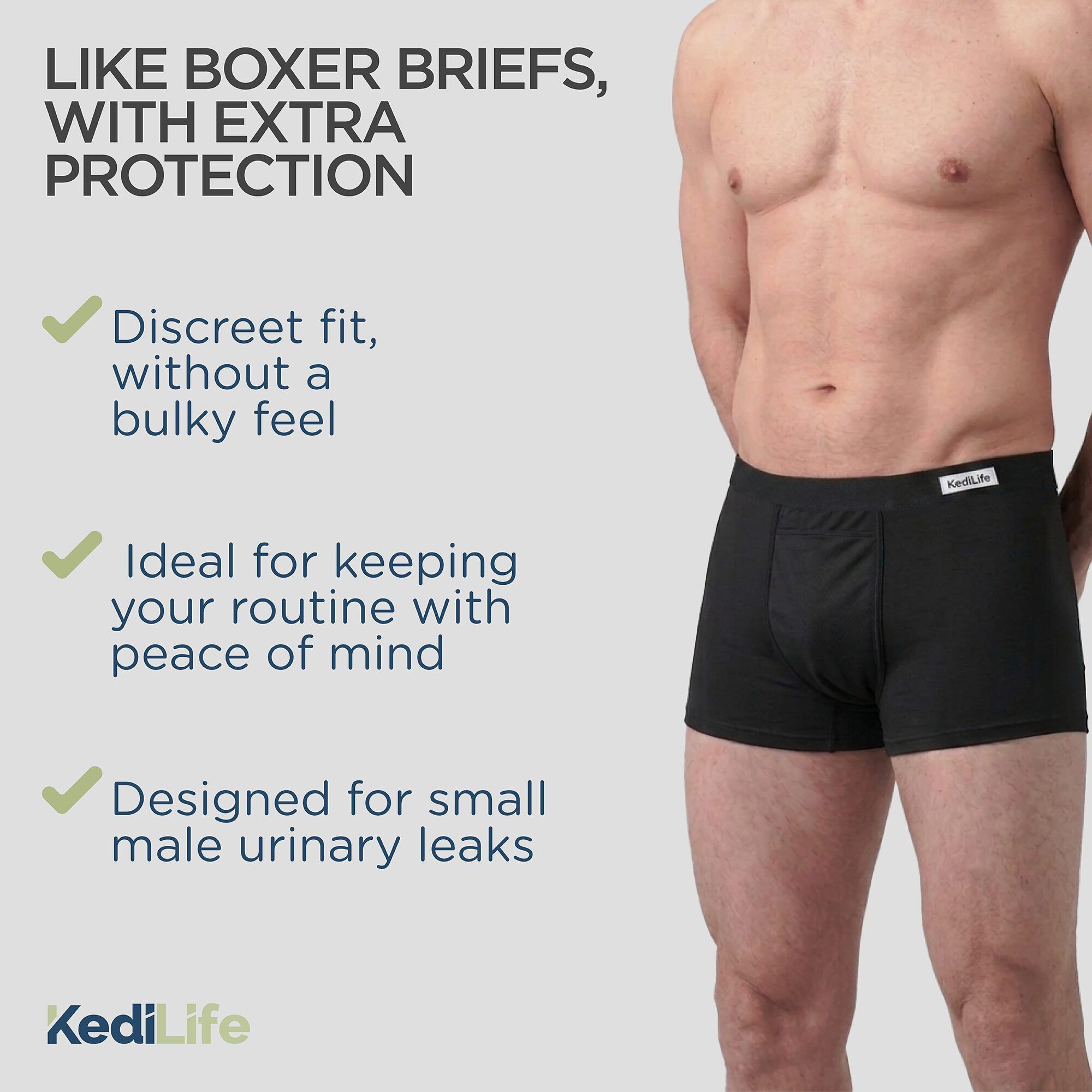 KediLife Incontinentiebroek voor heren, absorberende boxershort Zwart