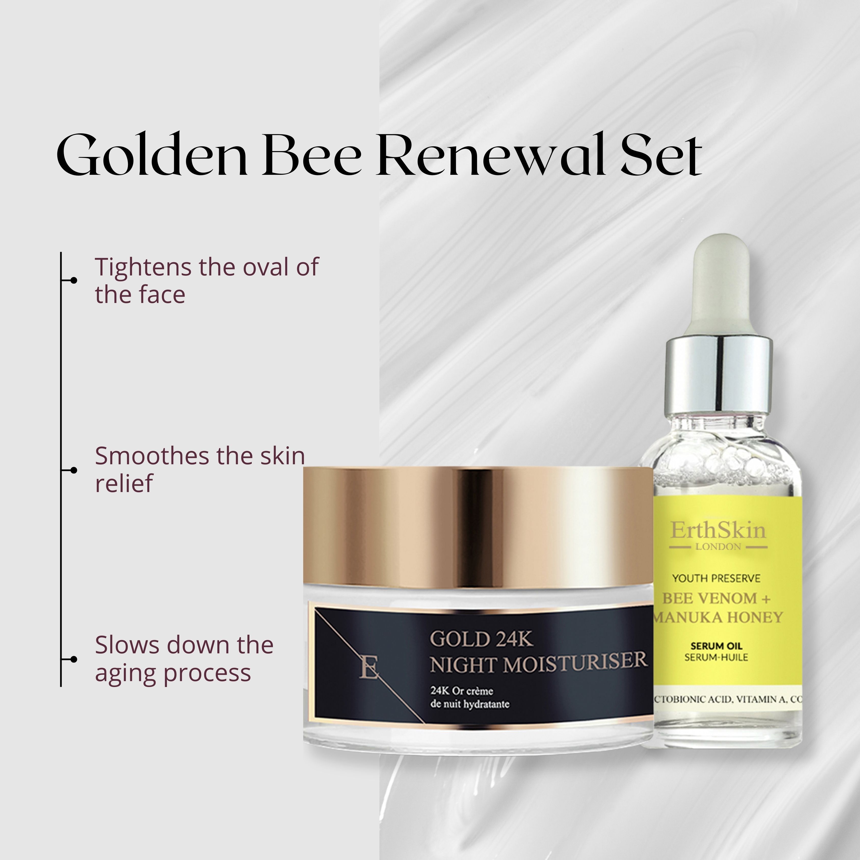 Set van serum en crème. Serumfles met pipet, geel etiket. Crème pot met gouden deksel. Tekst: Gold 24K Night Moisturiser. Achtergrond met tekst.