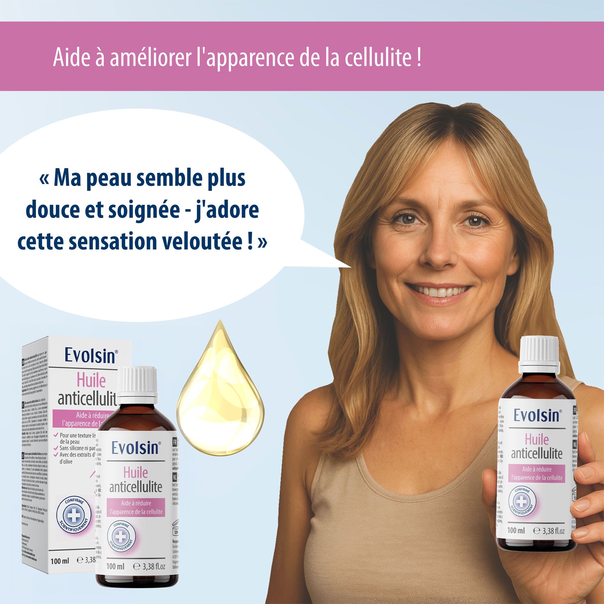 Femme tenant un flacon d'huile et un rouleau. Citation : Ma peau semble plus douce.