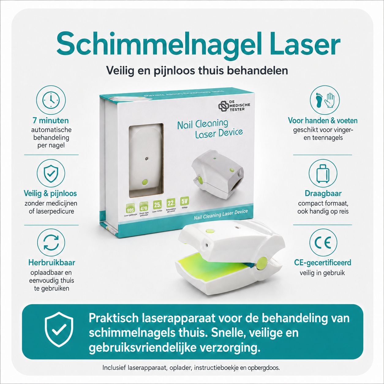 Nagelreinigend laserapparaat met oplaadadapter en kabel, CE-gecertificeerd.