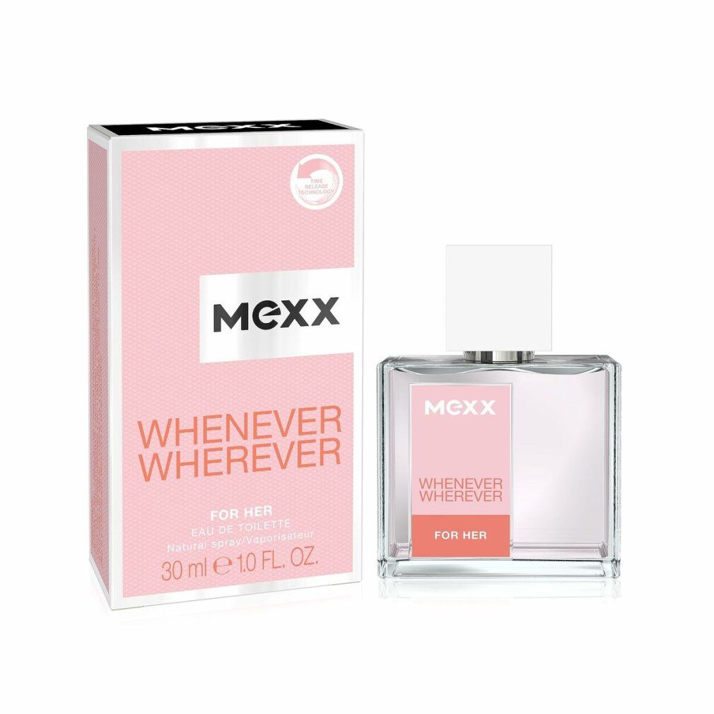 Flacon et emballage. Flacon avec bouchon blanc. Emballage avec "Mexx Whenever Wherever".