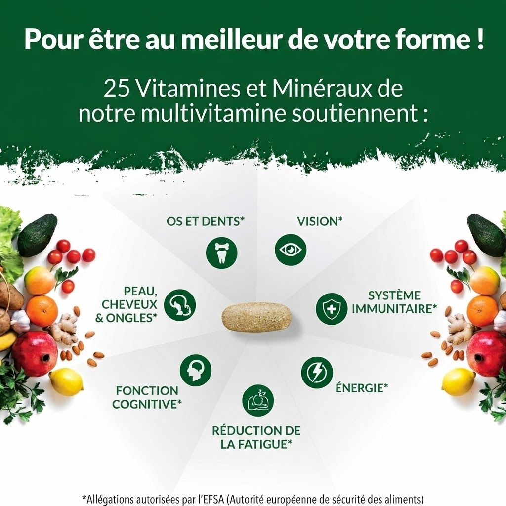 Comprimé multivitaminé ovale et beige entouré d'icônes pour les os, les dents, la vision, le système immunitaire, l'énergie, la fatigue, la cognition, la peau, les cheveux et les ongles.