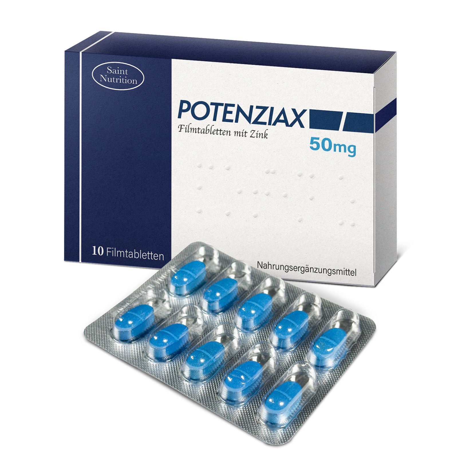 Doos en blisterverpakking met blauwe tabletten. Opschrift: Potenziax 50mg. 10 filmomhulde tabletten. Voedingssupplement.