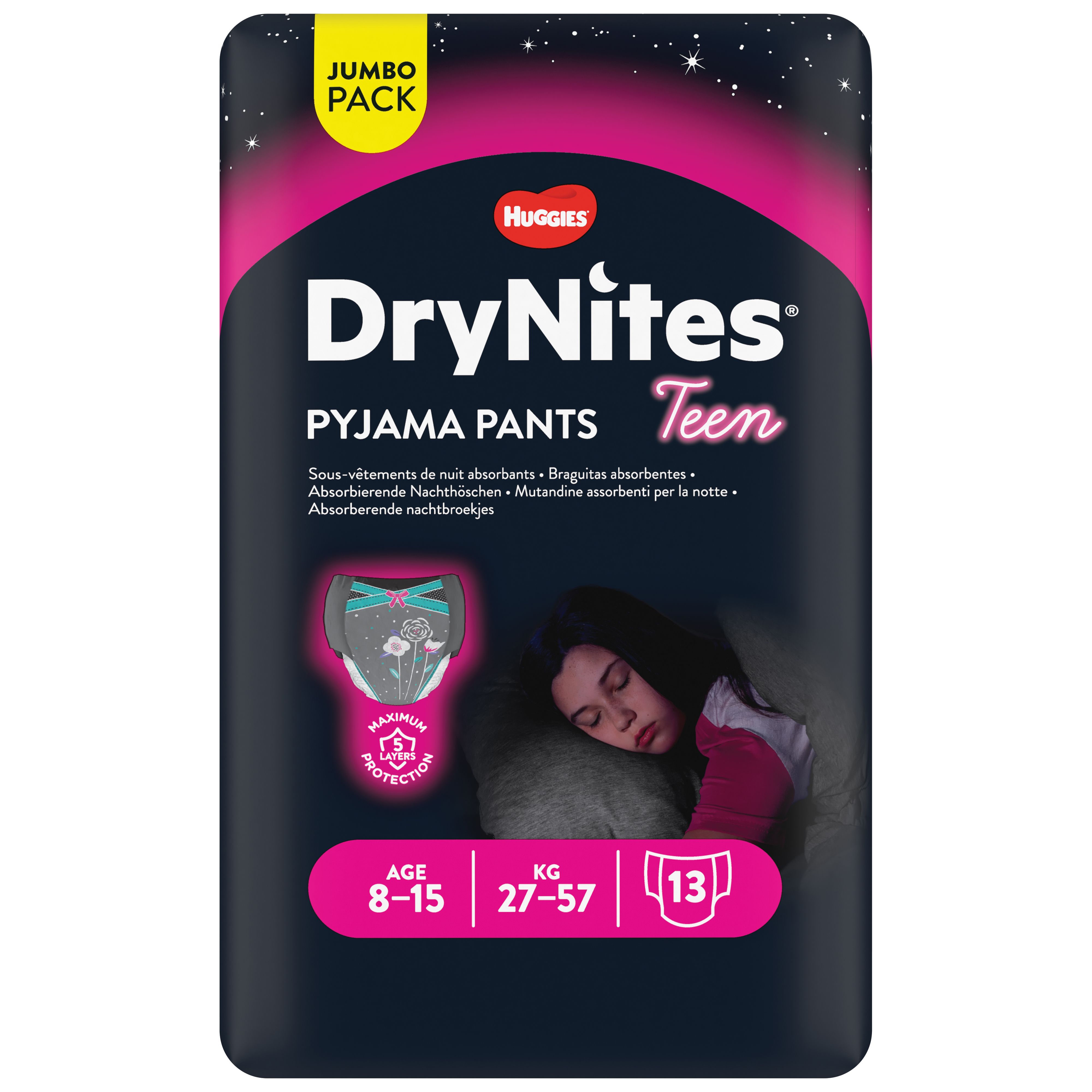 Huggies DryNites Pyjama Pants Teen, voor meisjes 8-15 jaar, 27-57 kg. 13 stuks. 5 lagen bescherming. Slapend meisje op de verpakking.