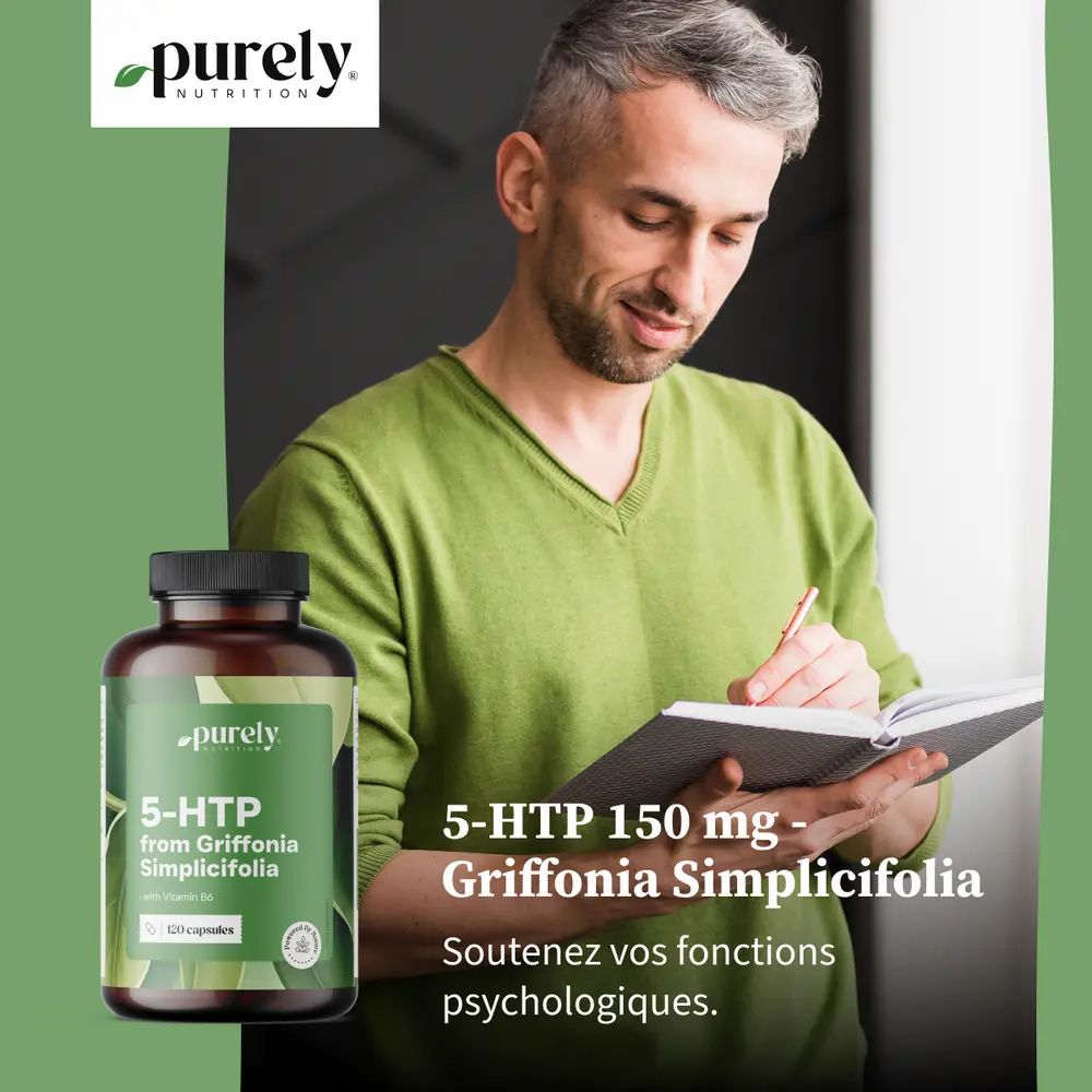 Homme écrit dans un carnet. Flacon avec étiquette verte. Inscription : 5-HTP from Griffonia Simplicifolia. Texte : 5-HTP 150 mg.