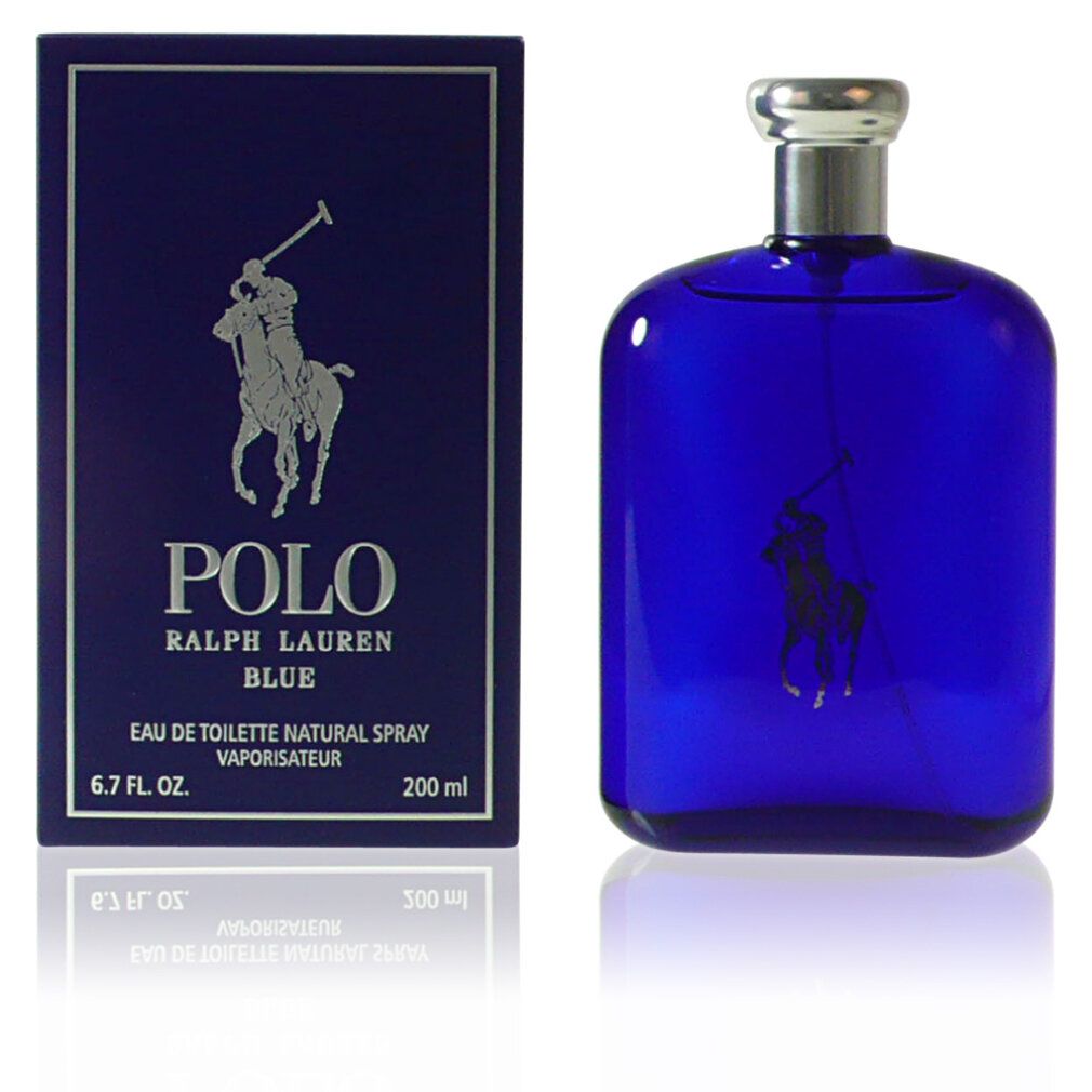 Flacon de parfum bleu avec bouchon argenté et emballage rectangulaire. Inscription : POLO RALPH LAUREN BLUE.