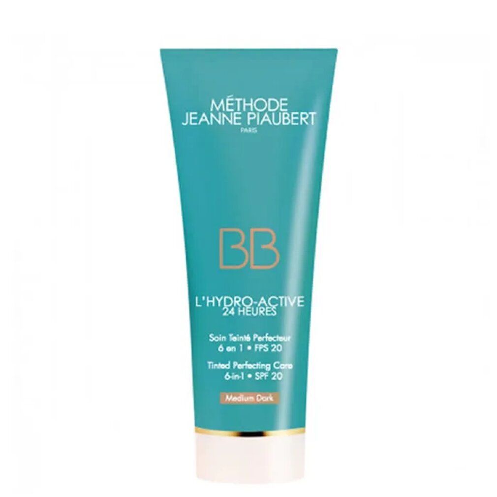 Tube turquoise avec texte. BB, L'HYDRO-ACTIVE 24 HEURES, Soin Teinté Perfecteur 6 en 1 + FPS 20. Medium Dark.