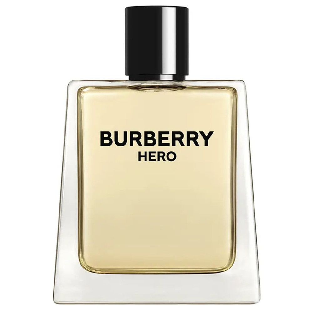 Burberry Hero Eau de Toilette. Flacon rectangulaire, bouchon noir. Inscription: Burberry Hero.