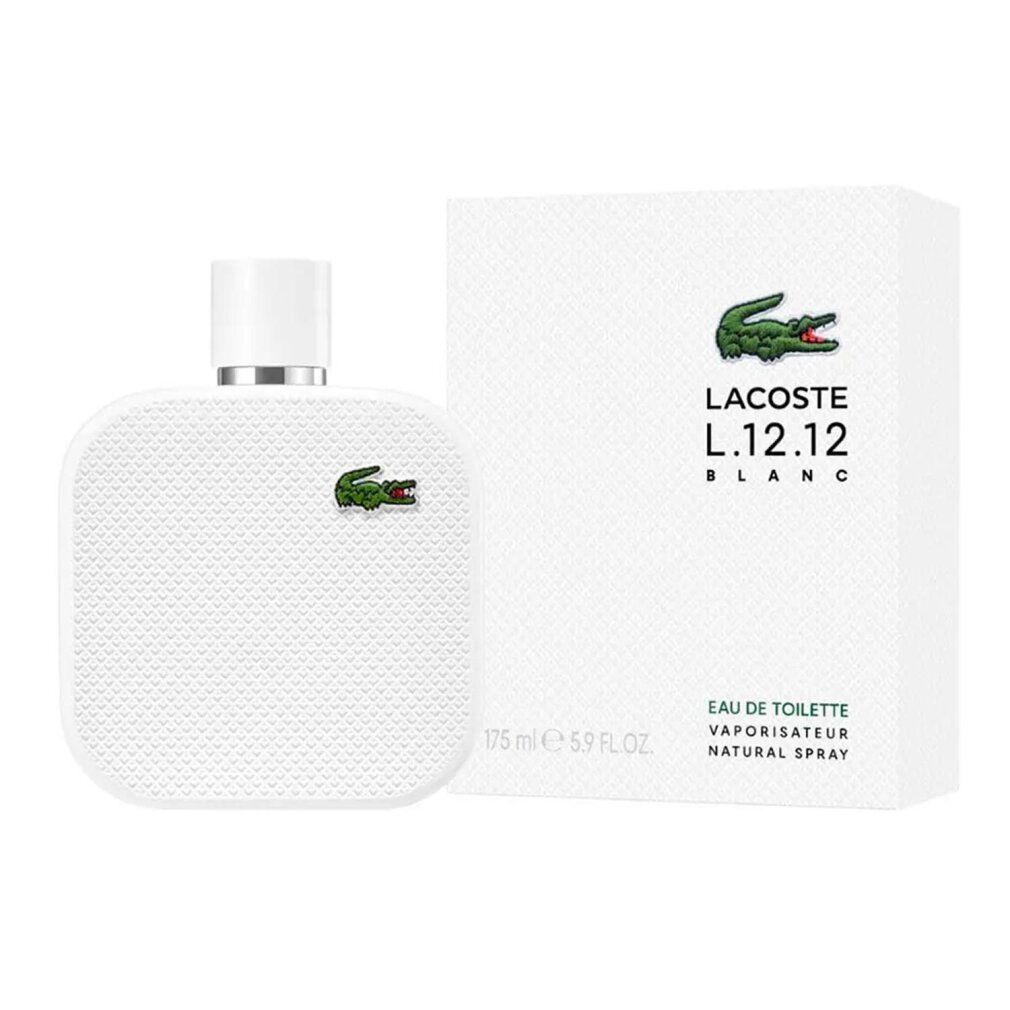 Flacon de parfum blanc avec bouchon blanc et logo crocodile vert. Boîte blanche avec logo et texte.