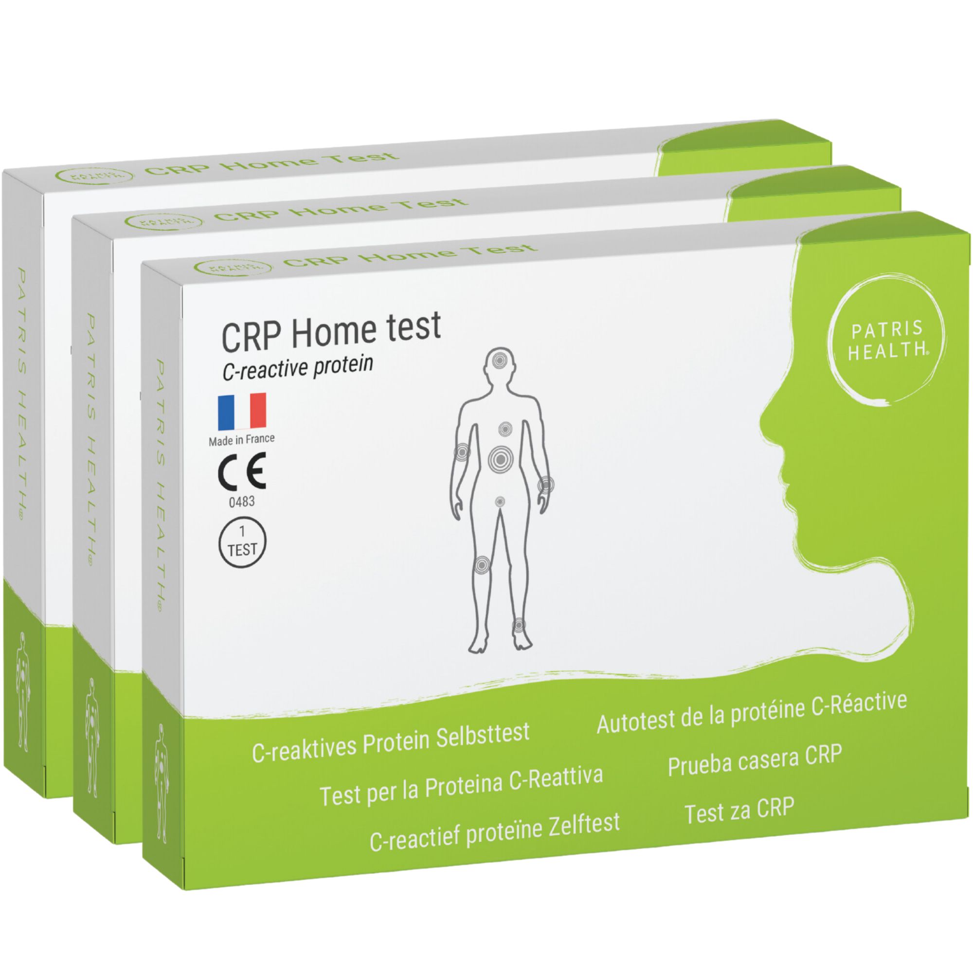 Drie verpakkingen Patris Health® CRP Home Test. Groene verpakking met productinformatie en CE-markering.