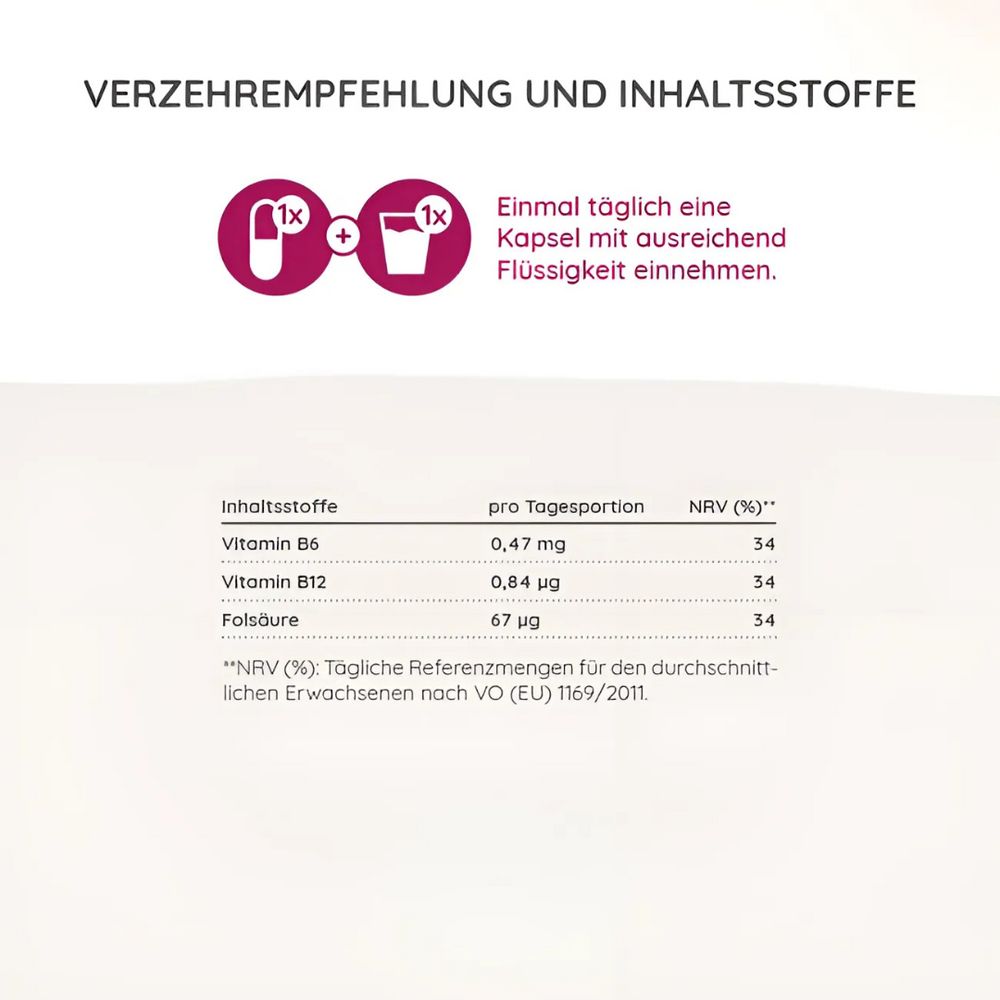 Recommandation de consommation: Prendre une capsule par jour avec du liquide. Ingrédients par portion journalière: Vitamine B6 (0,47 mg), Vitamine B12 (0,84 µg), Acide folique (67 µg).