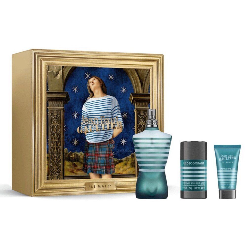Coffret cadeau avec flacon, déodorant et après-rasage. Flacon turquoise. Boîte dorée avec image.