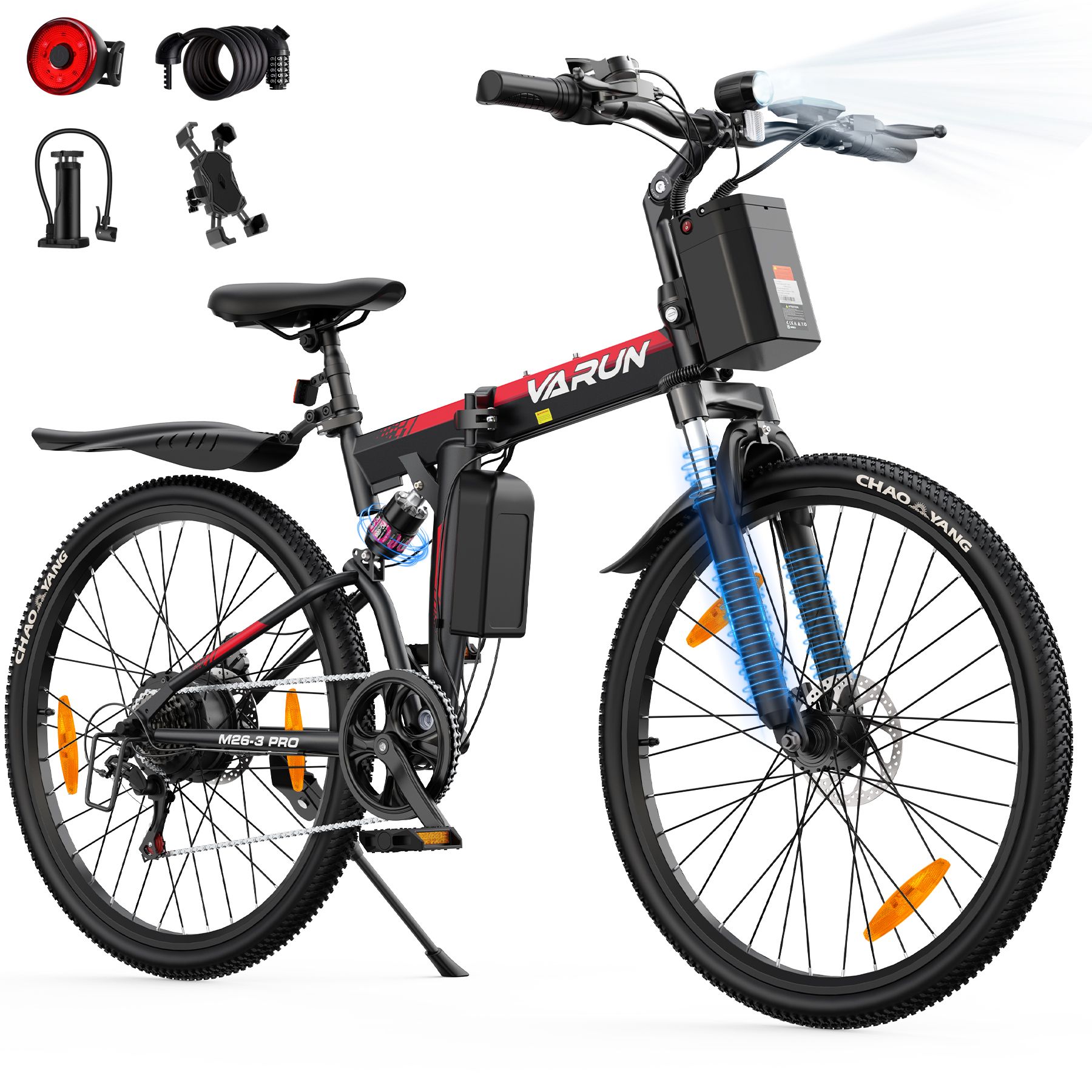 E-bike avec faisceaux lumineux et accessoires. Vélo noir avec détails rouges. Logo VARUN visible. Suspension intégrale.