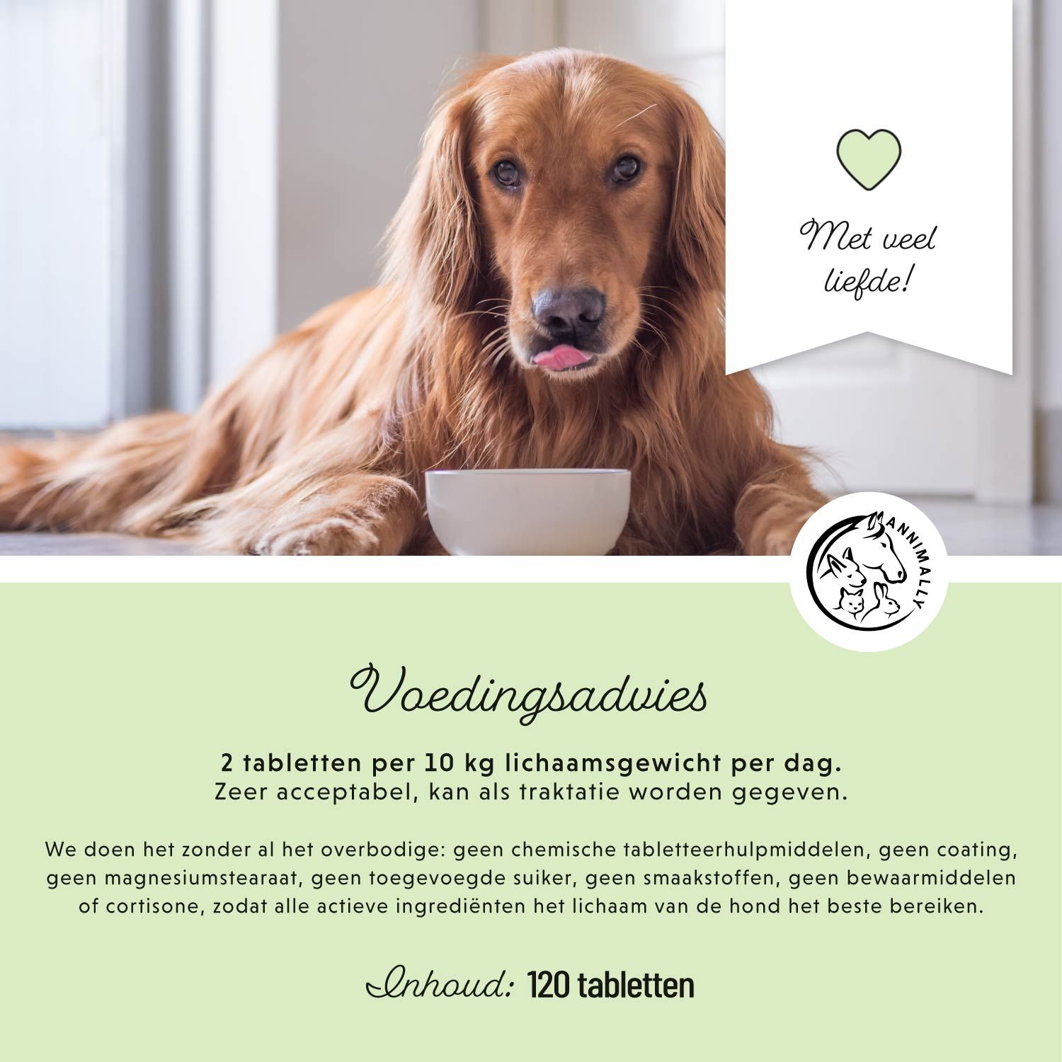 Hond met een kom. Tekst: Voedingsadvies: 2 tabletten per 10 kg lichaamsgewicht. Inhoud: 120 tabletten.