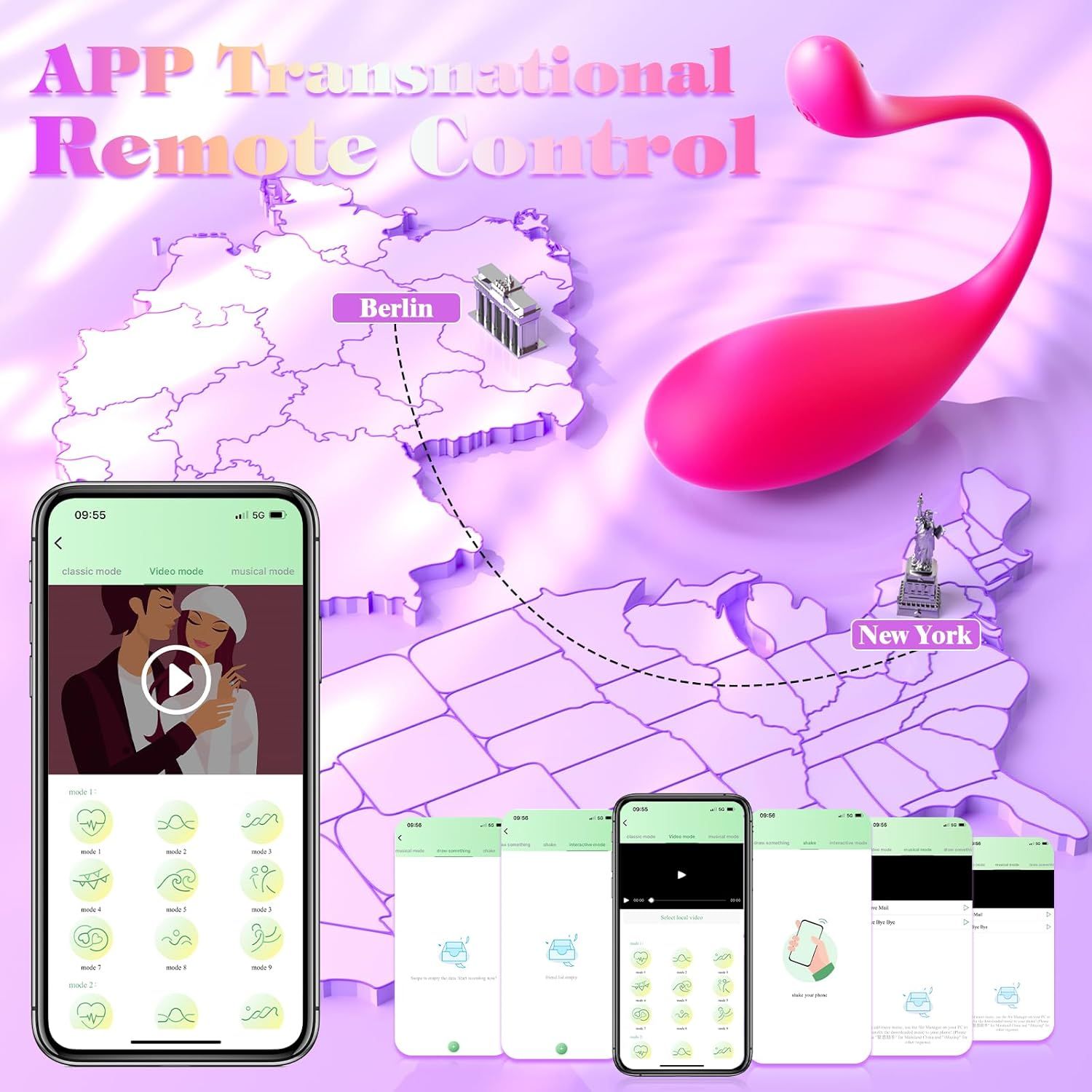Roze vibrator met app-bediening via landkaart en smartphone.