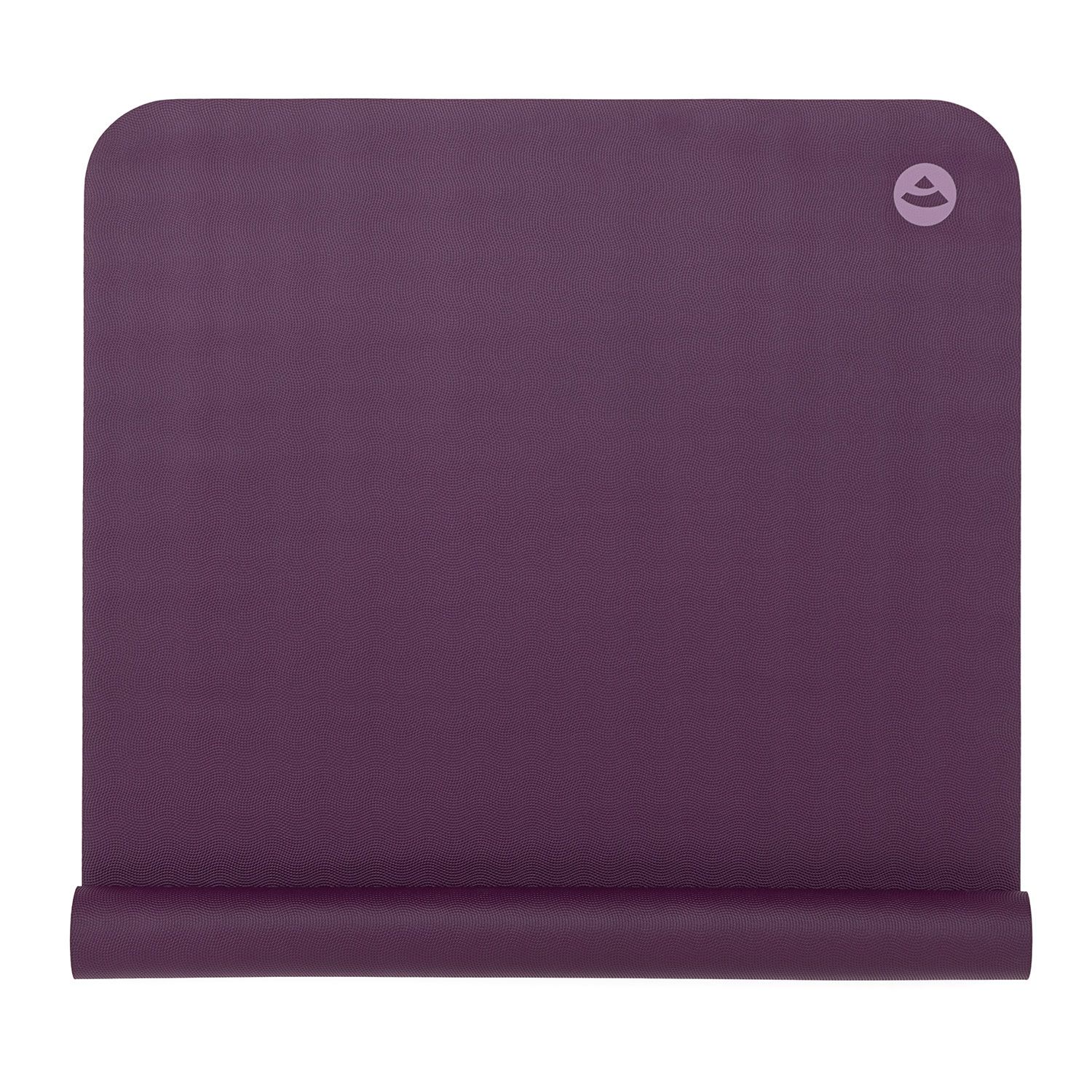 Bordeaux yogamat, gedeeltelijk opgerold. Afgeronde hoeken, logo in de hoek. Natuurrubber.