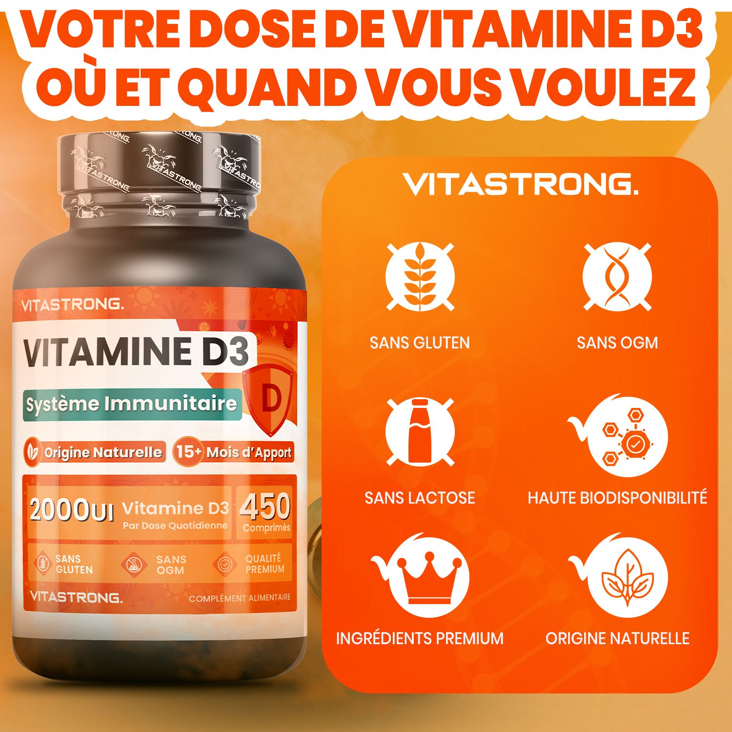 Vitamine D3-fles met symbolen voor glutenvrij, GGO-vrij, lactosevrij, premium ingrediënten en natuurlijke oorsprong.