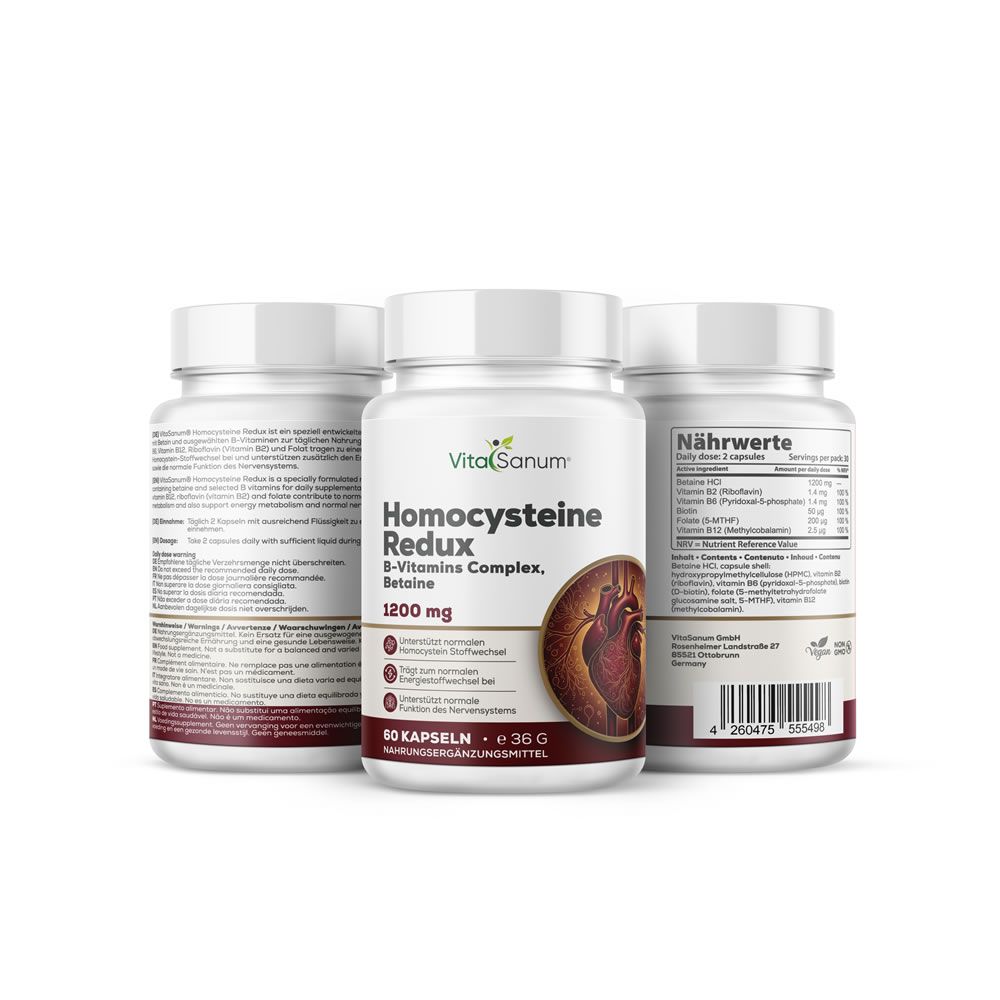 Drie flessen met capsules. Opschrift: VitaSanum Homocystein Redux, B-Vitamine Complex, Betaïne. Illustratie van een hart. Labels.
