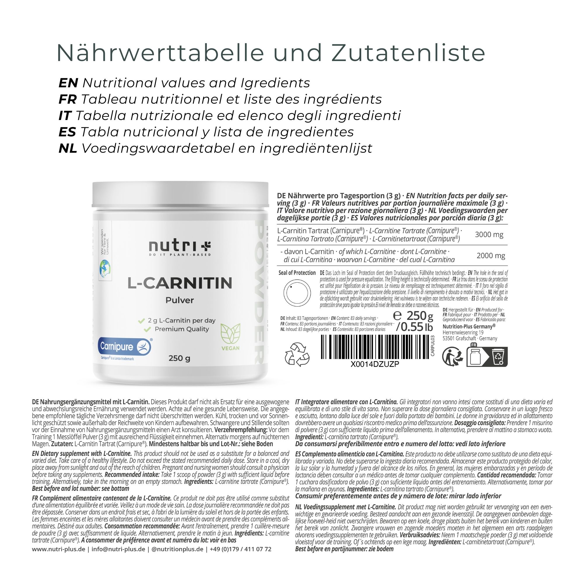 nutri+ L-Carnitine Carnipure en poudre