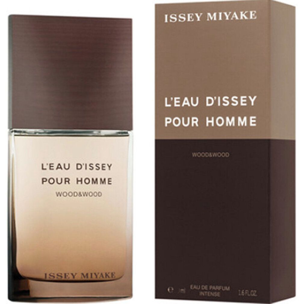 Flacon et boîte Issey Miyake L'Eau d'Issey Pour Homme Wood & Wood. Bouchon marron, texte.