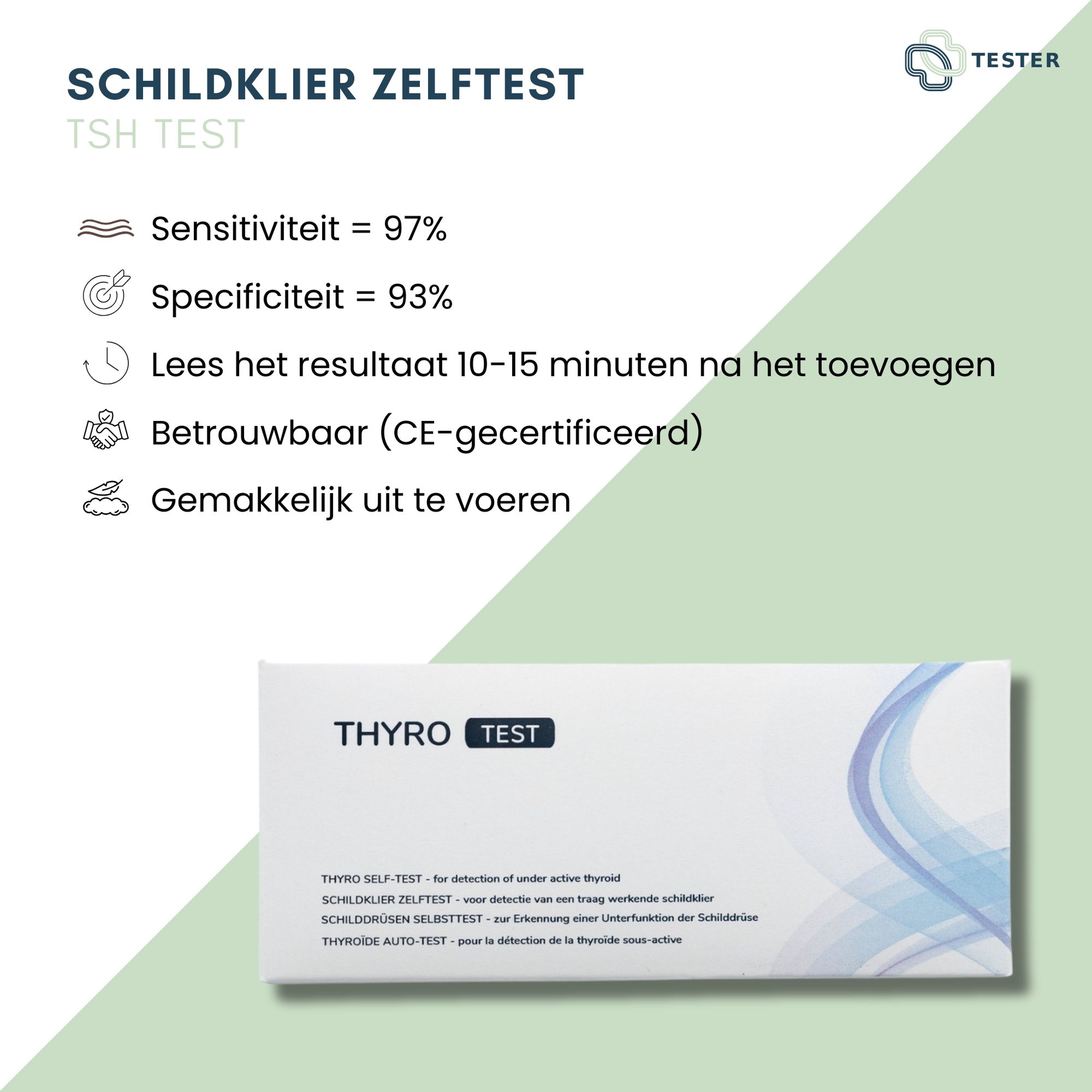 Infographie "Schilddrüse Selbsttest". Sensibilité 97%, spécificité 93%. Résultat en 10-15 min. Fiable (certifié CE). Facile. Emballage produit.